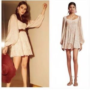 Hemant & Nandita Zahra Dress in Peach Shimmer Smocked Mini Babydoll Sz XS